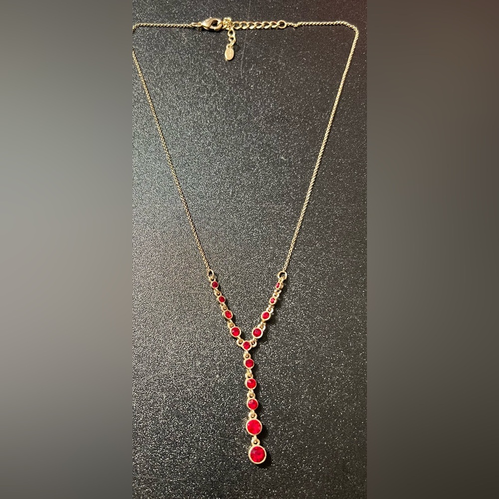 Monet Red Faceted Stone Crystal Y Drop Lariat Gold Tone Necklace